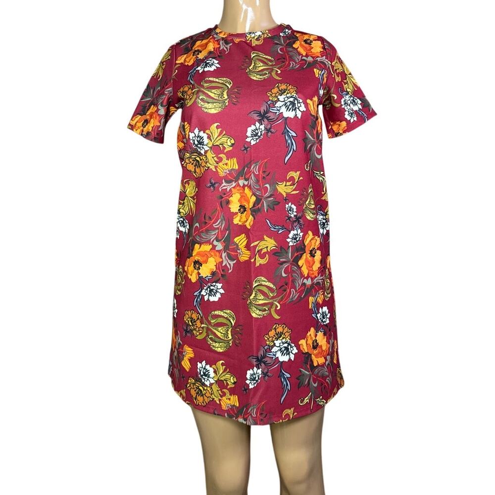 Zara Trafaluc Red Floral Mini Shift Dress Short Sleeve Size Small NWT